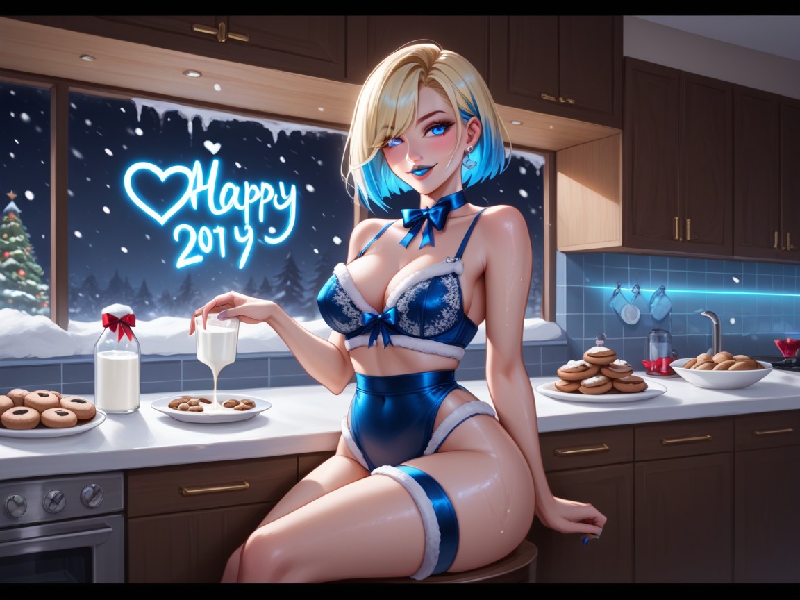 Round Eyes, Blue Hair Highlights, Blonde Pixie Hair Hentai AI Porn
