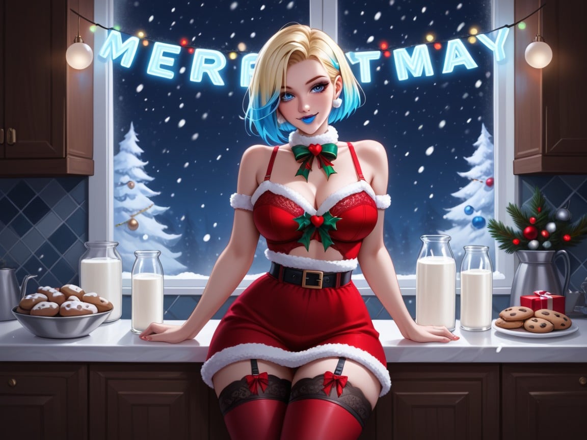 Blue Lipstick, Milk Pouring On Woman, Christmas Hentai AI Porn