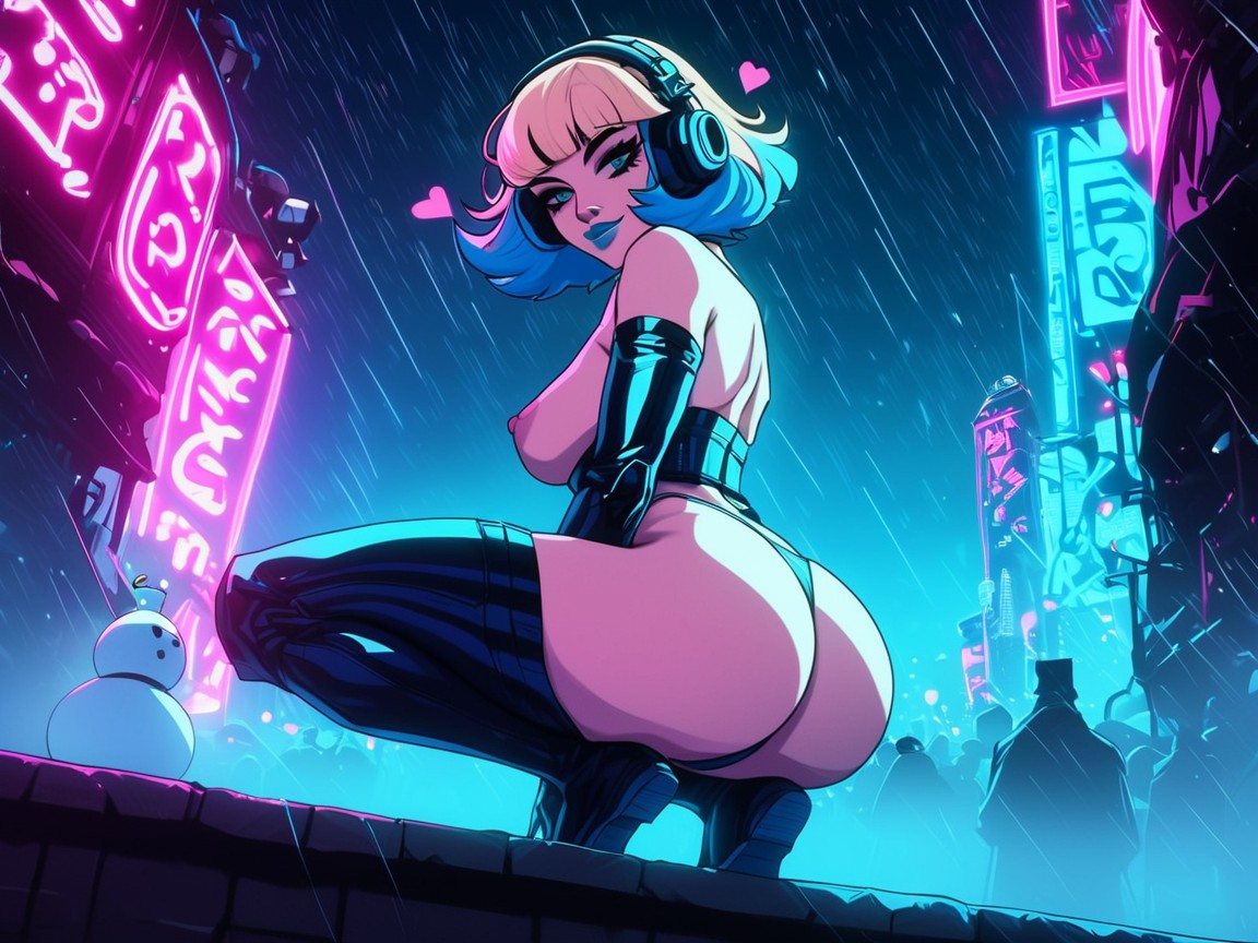 Snatched Waist, Blue High Socks, Blue Ribbon On Woman AI Porn