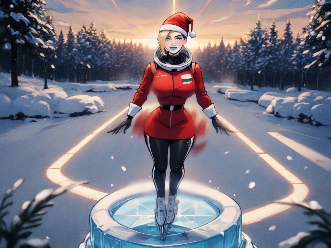 Blonde Hair, Neon Christmas Tree In Background, Blue Eyes Hentai AI Porn