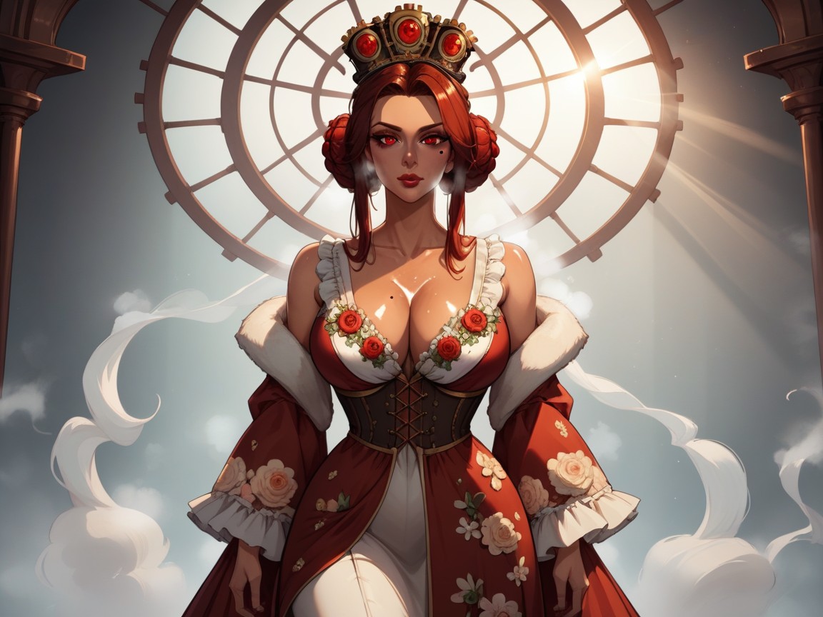 Steampunk Queen, Wearing Scarlet Floral Print Steampunk Clothes, Red Hair AI Porn