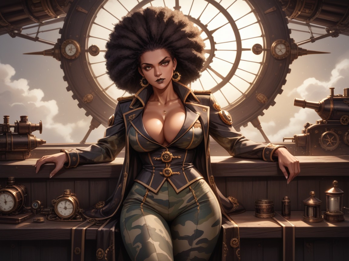 Long Shoulder Width, Spotlights, Steampunk Airship Background Hentai IA