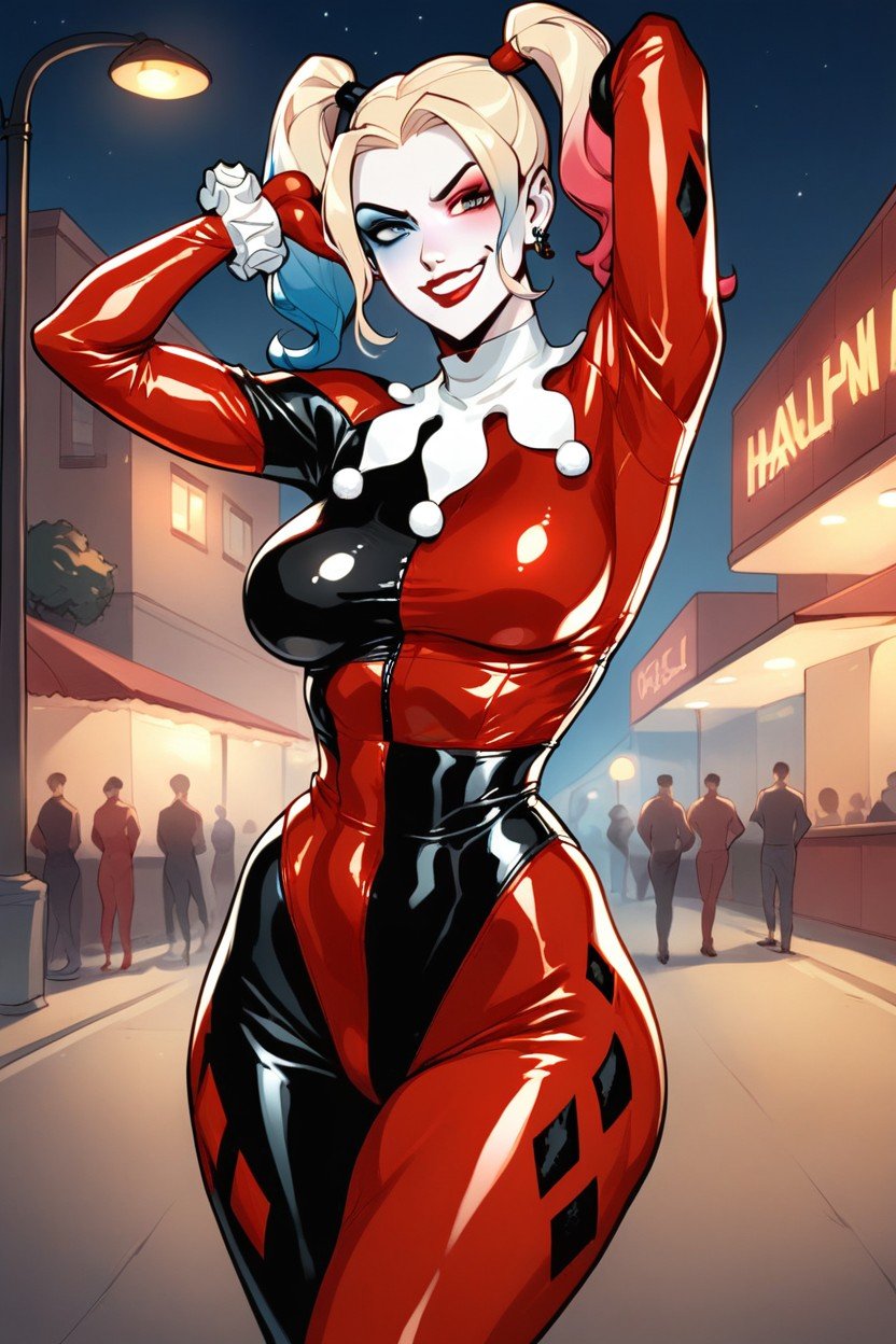 Medium Breast, Harley Quinn Jester Suit, At Night Hentai AI Porn