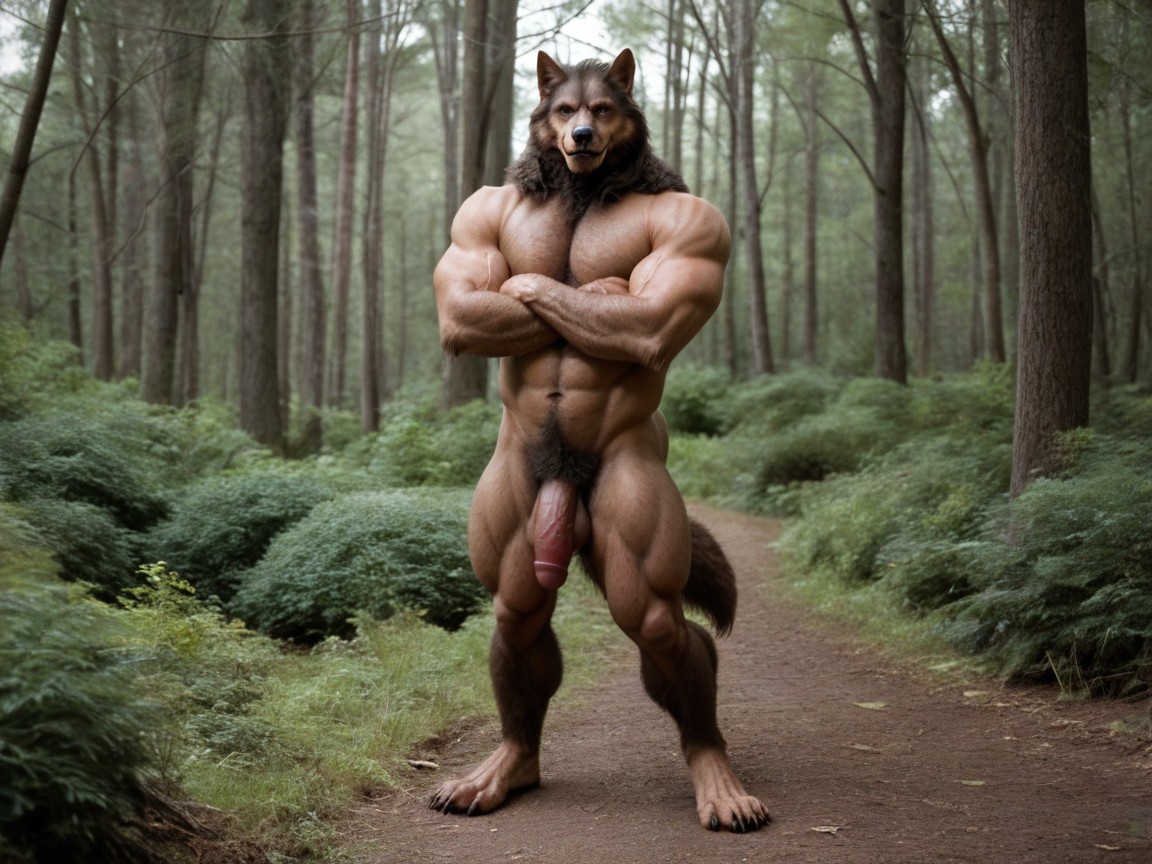 Werewolf Is Covered In Thick Fur And Body Hair, Werewolf Has Flaccid Cock, Werewolf AI Gay Porn