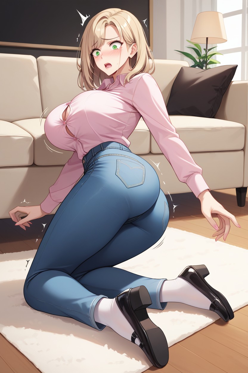 Couch, Medium Hair, Green Eyes Hentai AI Porn