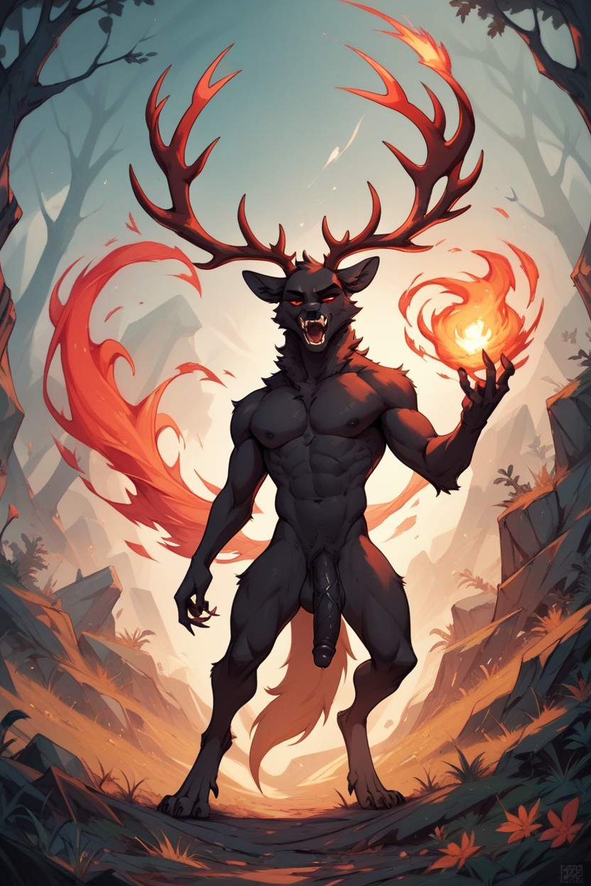 Magical Large Antlers Male Elk With Black Fur And Large Black Cock In The Woods With A Red Aura Furry AI Porn