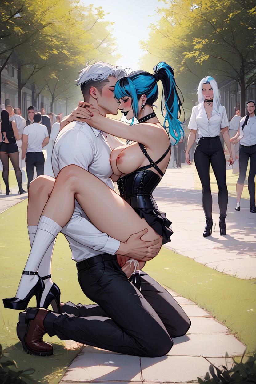Blue Eyes, Horny, White And Teal Hair Colour AI Porn