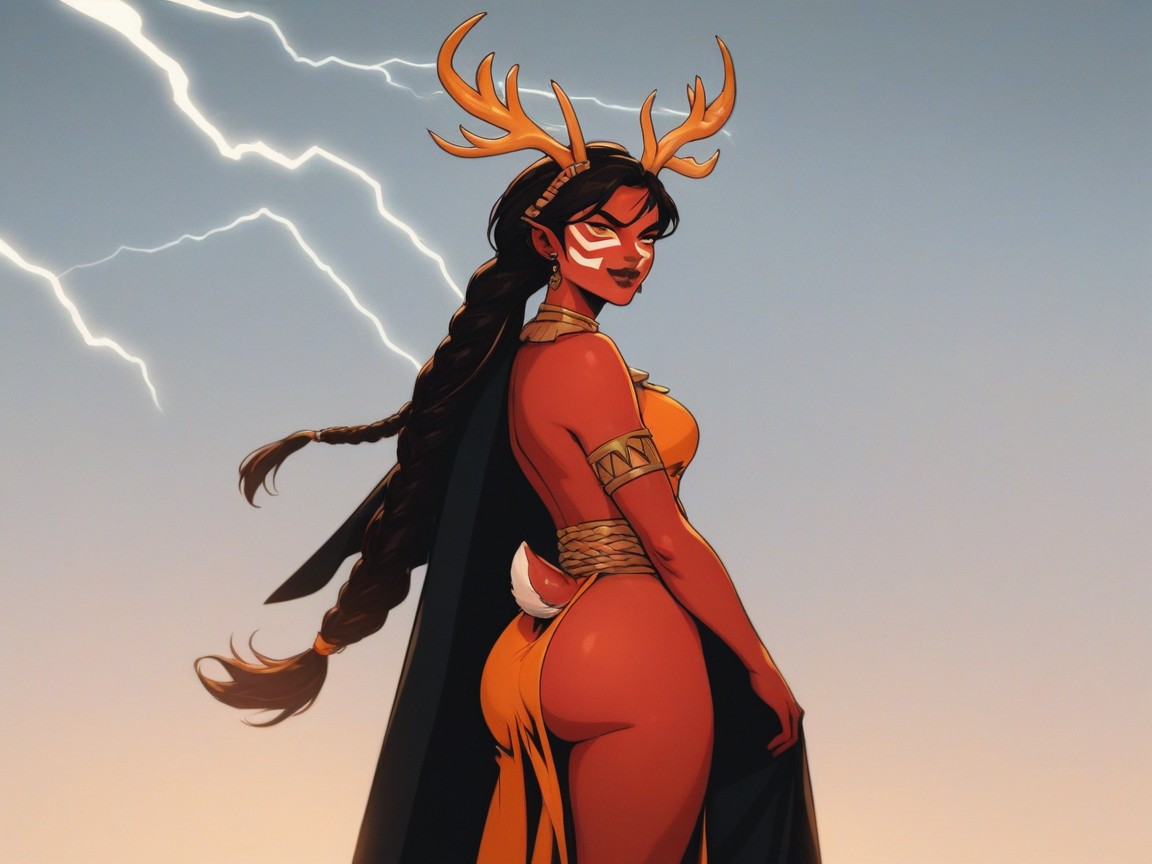 Wearing An Orange Tribal Silk Dress, Hourglass Body Type, Soft Lighting Hentai AI Porn