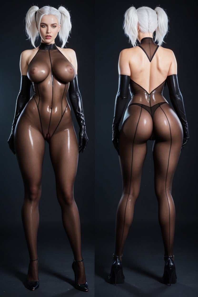 Shiny Nylon Sheer Crotchless Bodystocking, Shocked, Blue Eyes AI Porn