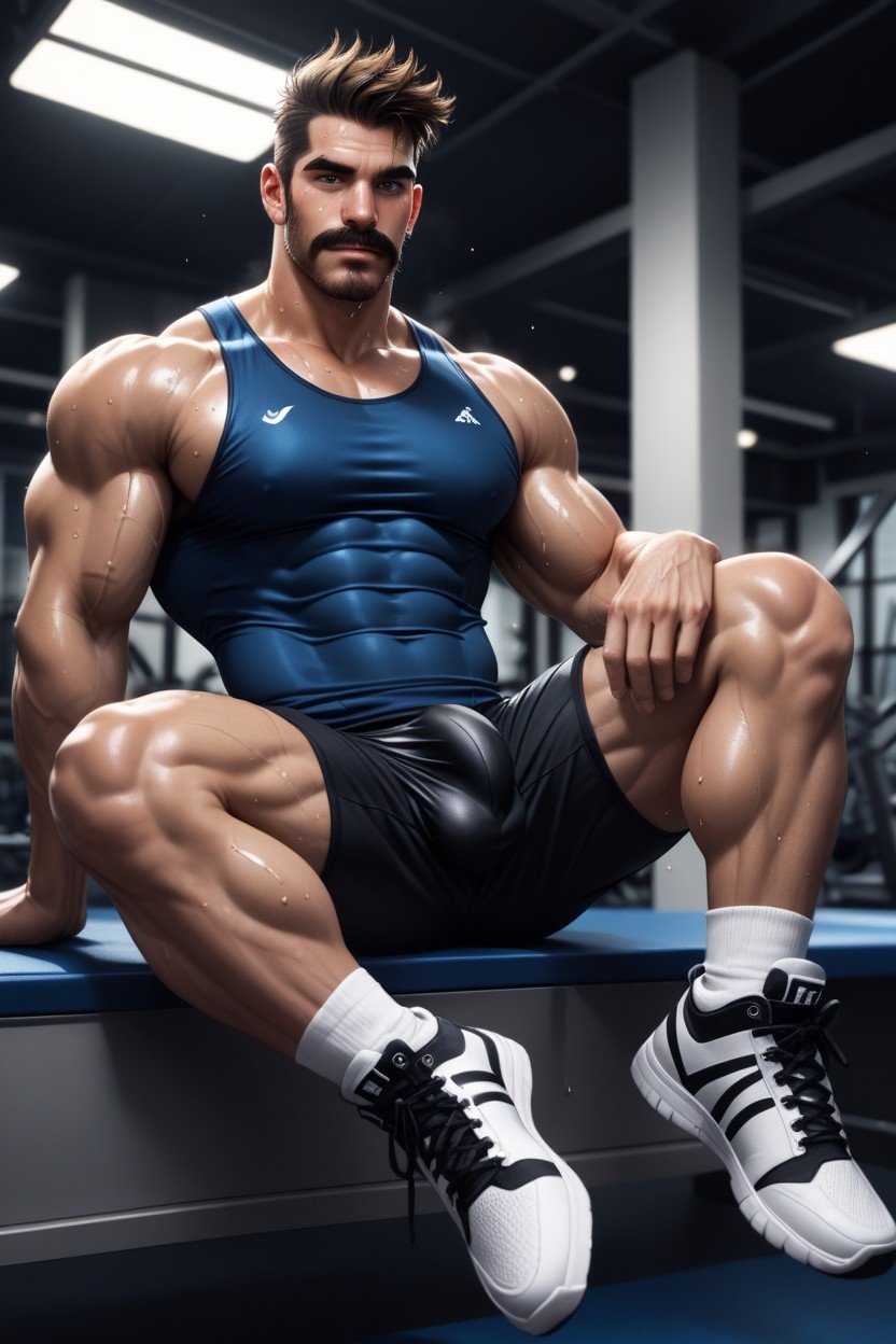Facial Hair Mustache, Equipment Benchpress, Penis Bulge AI Gay Porn