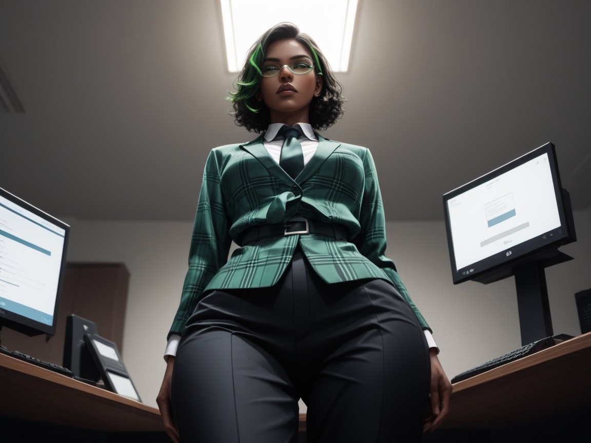 Curly, Large Computer Monitors In Background, Asymmetrical Breasts Hentai AI Porn