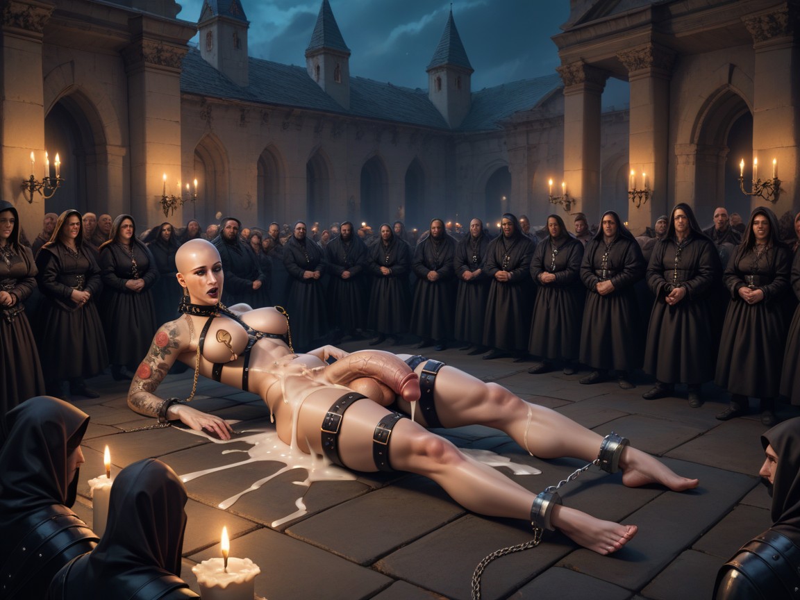 Many People Around, Candlelight, Hyper Big Golden Nipple Rings Shemale AI Porn