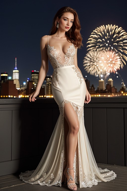 Fireworks At Night, Hyperrealism, And The Skirt Flares Out Slightly AI Porn