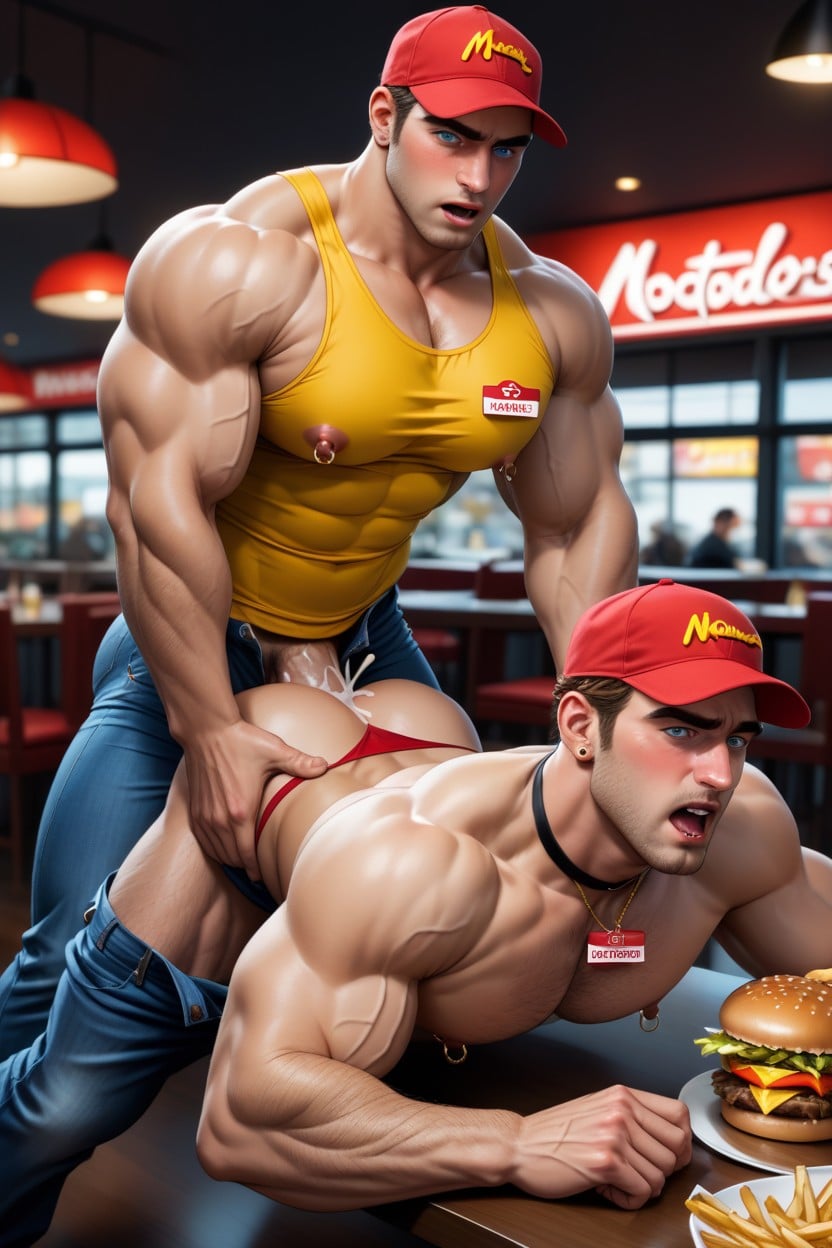 Hair, Pulled Down Blue Jeans, Burgers On Tables AI Gay Porn