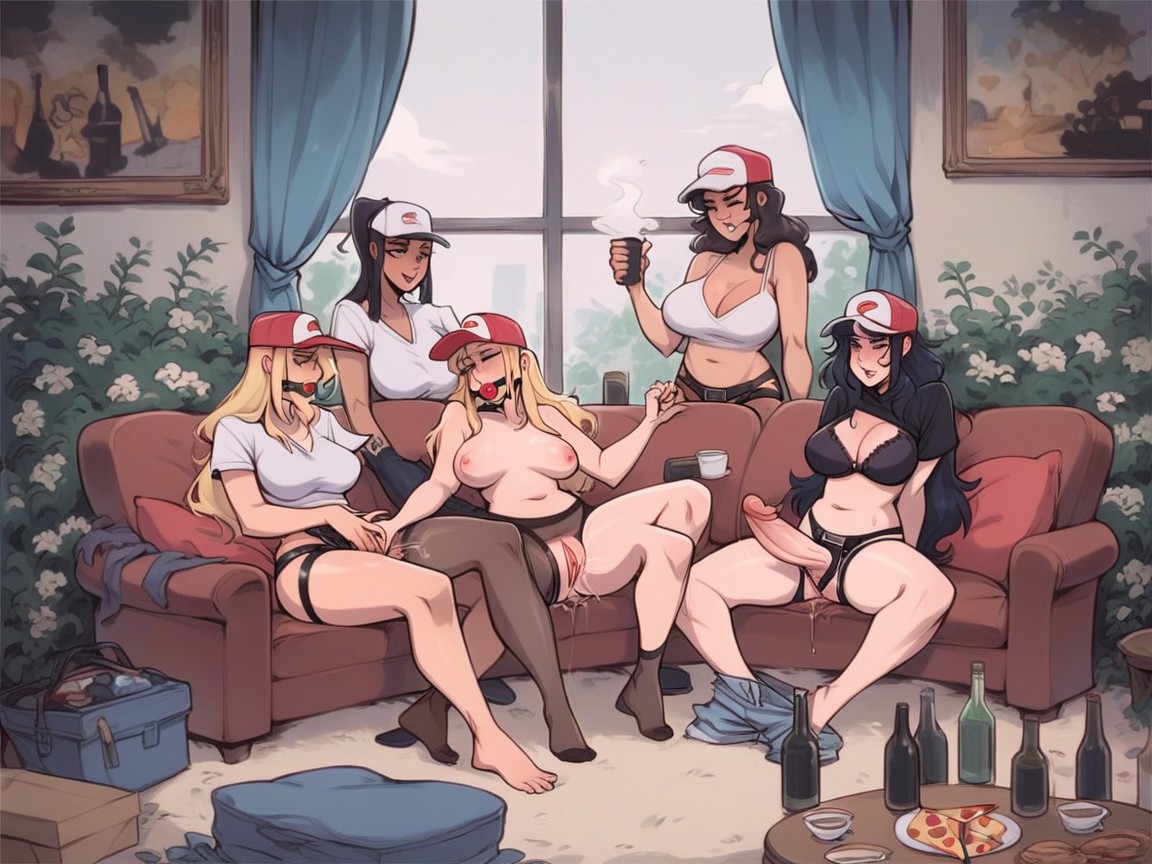 Highly Detailed, One Woman Has Ballgag, Lesbian Gangbang Hentai AI Porn