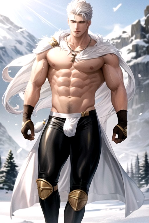 Erect Penis, Open White Feather Armor, White Hair AI Gay Porn