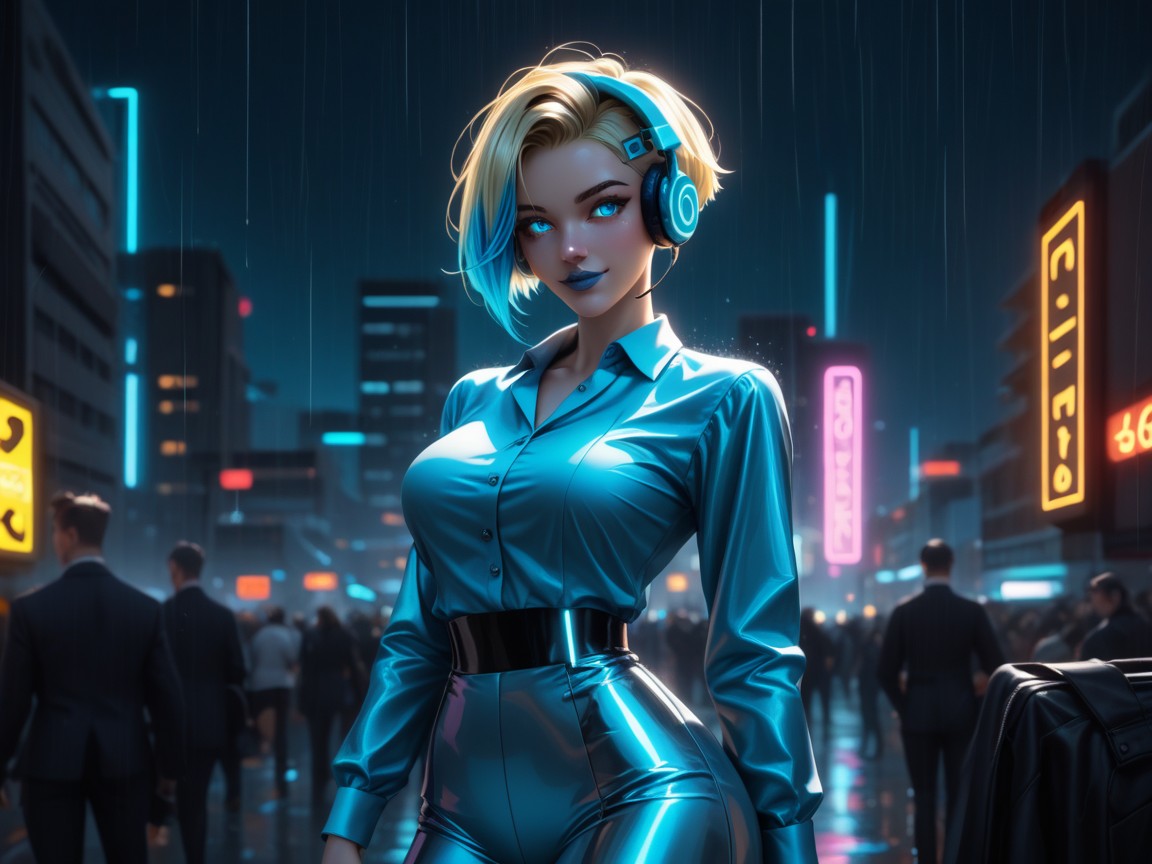Round Eyes, Glowing Eyes, Blue Hair Highlights Hentai AI Porn