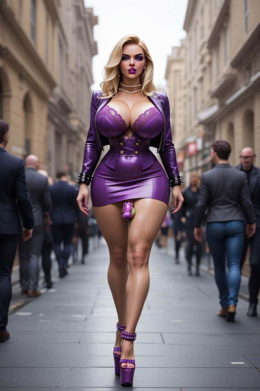 Front View, Spiked Cuffs On Ankles, Purple Leather Skirt AI Porn