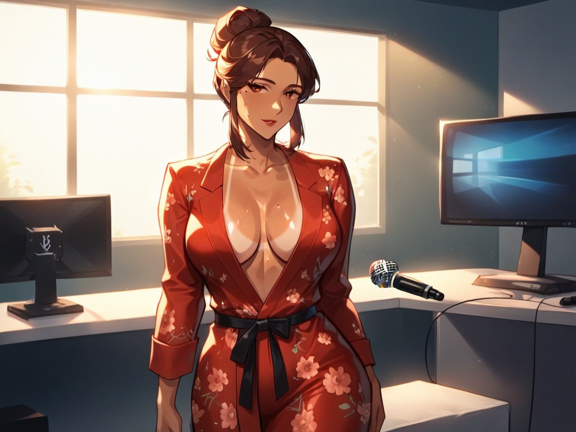 News Monitors In Background, Perfect Face, Nsfw AI Porn