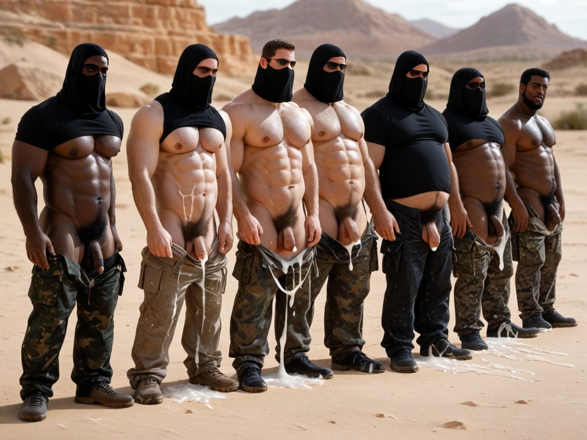 Lot Of Cum, Camouflage, Black Hair AI Gay Porn