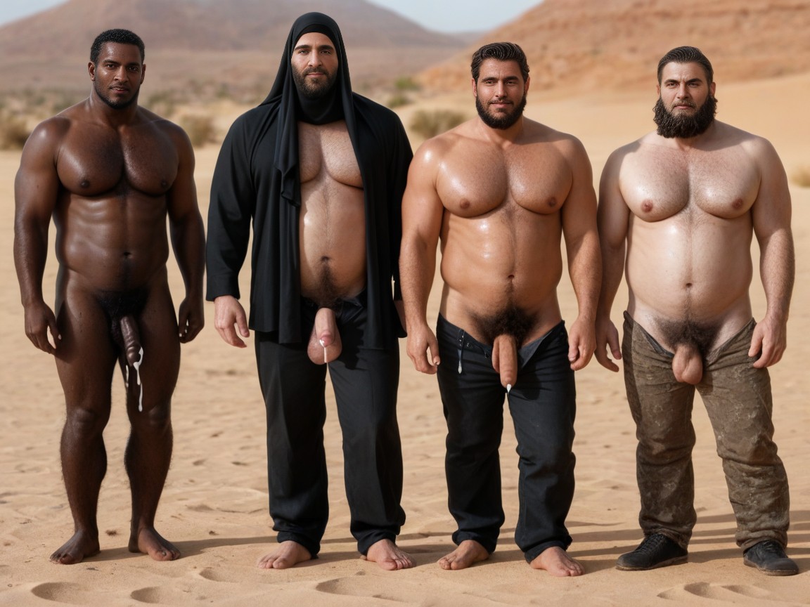 Bearded Black Men, Many Arab Guys In The Background, Uncut Cocks AI Gay Porn
