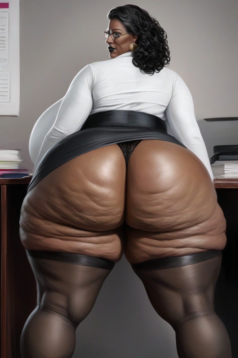 Black Lipstick, Dark Black Oily Skin Nigerian Woman Naked Bent Over A Desk, Extremely Large Ass AI Porn