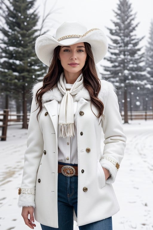 Wearing A White Fur Coat In The Snow, Blue Neckerchief, Clothed Pornografia peluda com IA