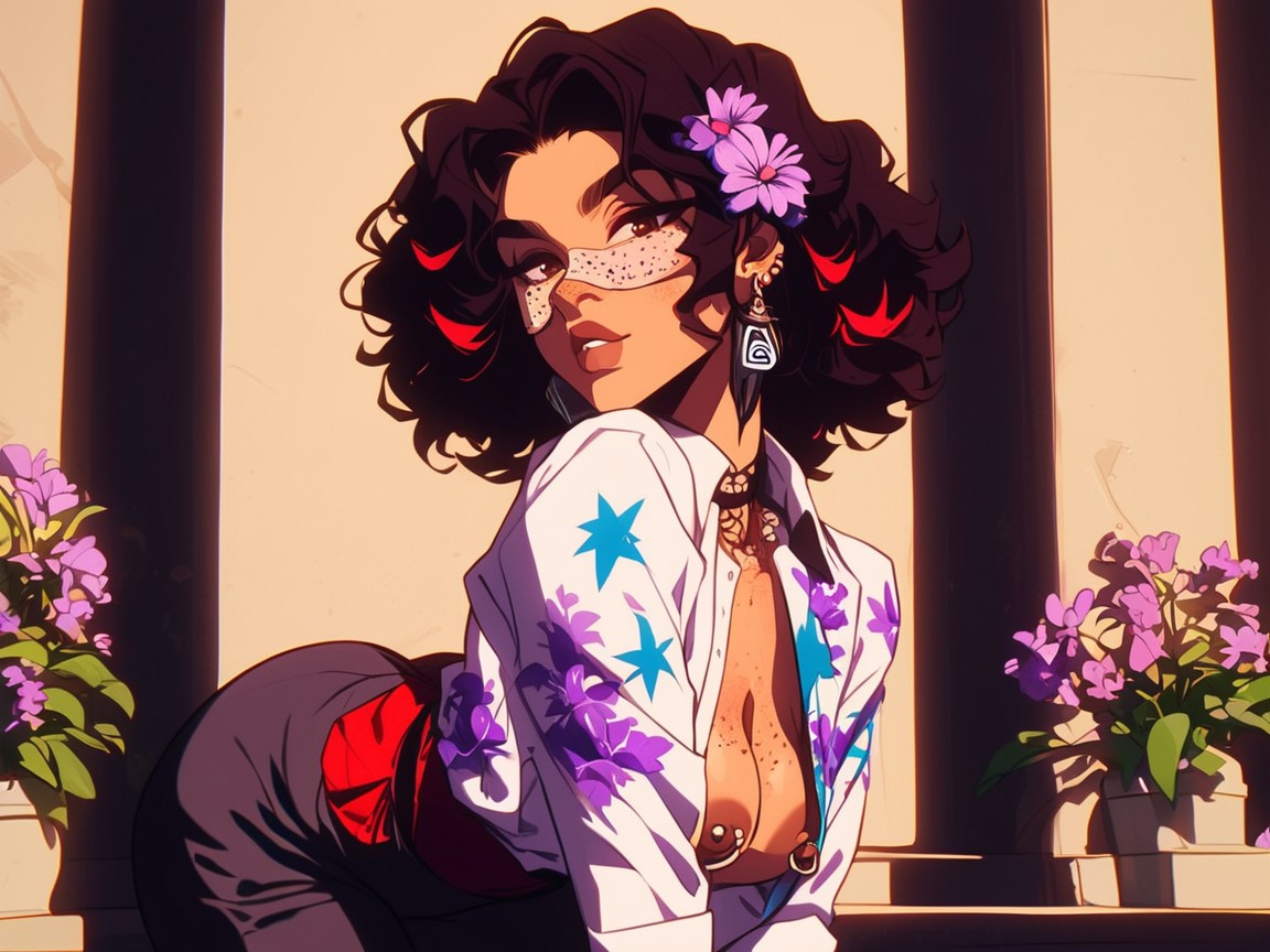 Permed Hair, Pictures Hanging In Background, Pierced Nipples Hentai AI Porn