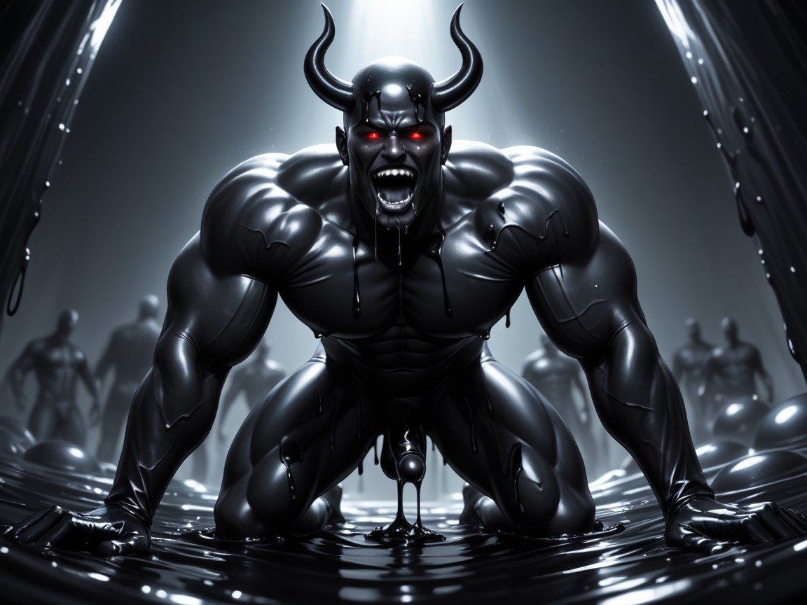 Night, Black Horns On Head Of Black Devil, Black Slime Dripping AI Gay Porn