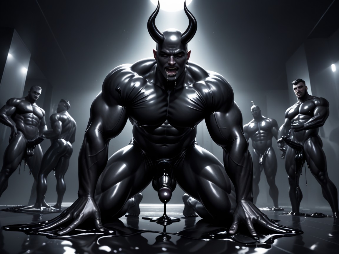 Black Rubber Creatures, Dimly Lit, Over Head AI Gay Porn