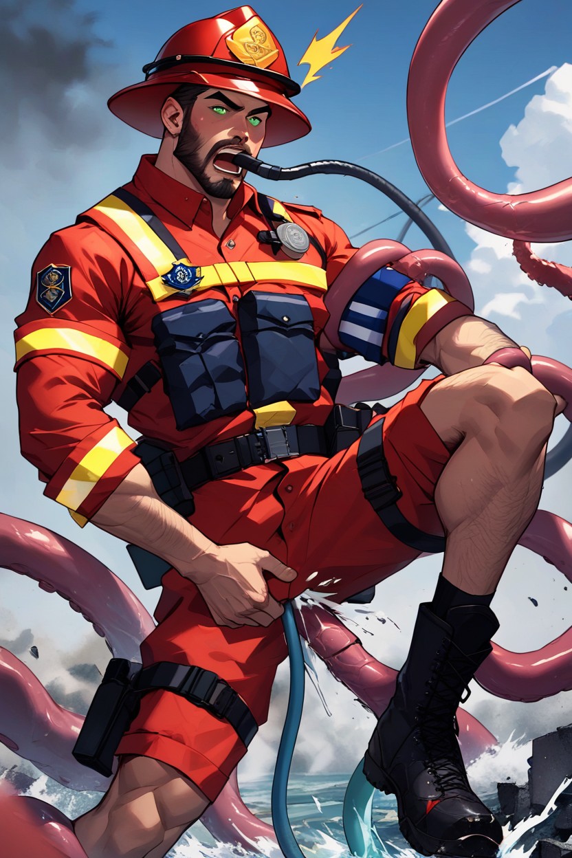 Long-sleeve Uniform, Red Uniform, Open Mouth AI Gay Porn