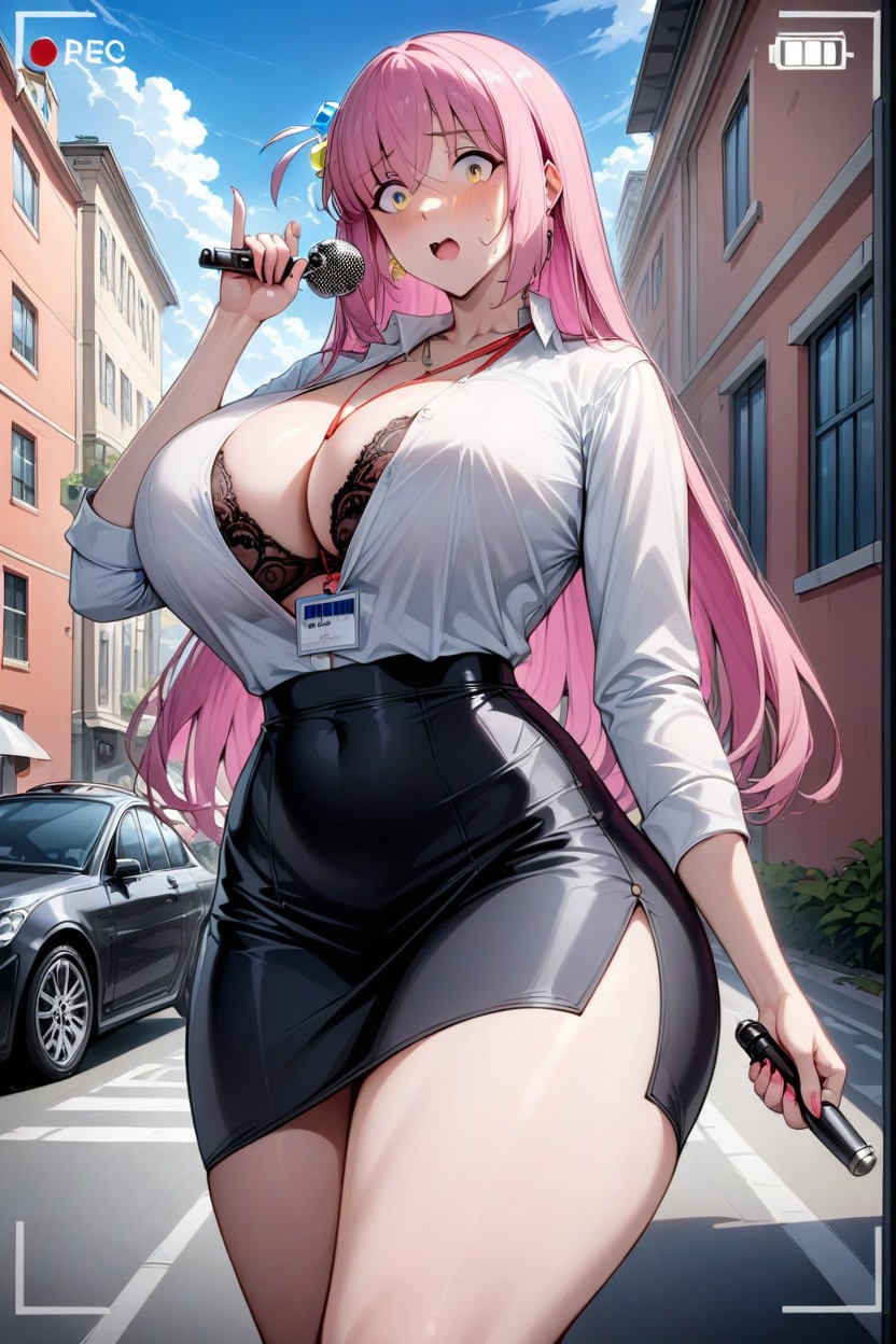 Black Office Pencil Skirt, Nervous Look, Holding Microphone Hentai IA