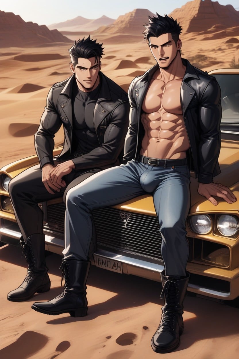 Sunny, Desert, He Wears An Open Fit Black Jacket With Sleeves AI Gay Porn