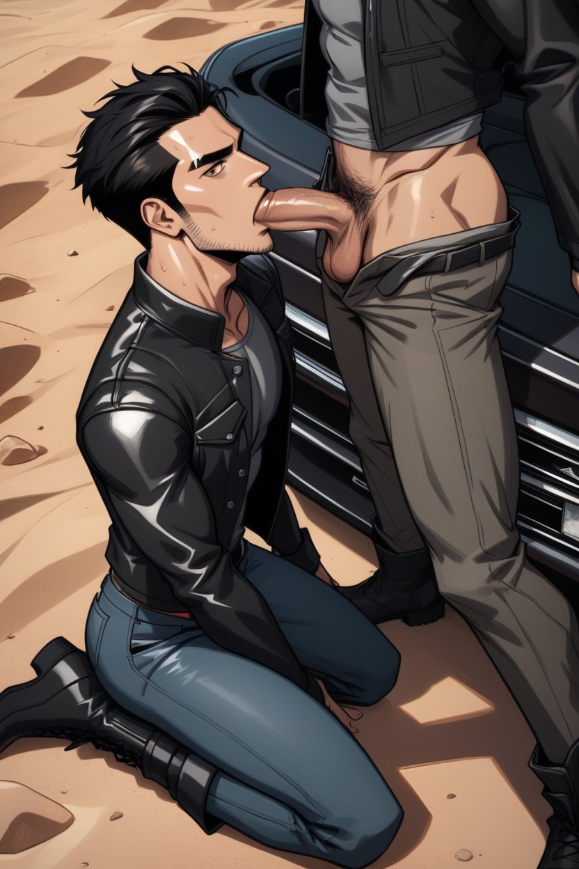 Slick Black Hair, Brown Eyes And Square Jawline, Sweaty AI Gay Porn
