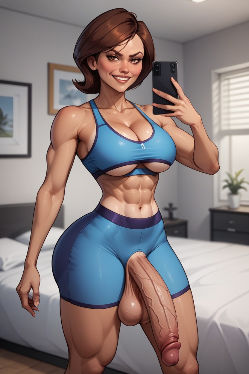 Futanari, Fitness Model, Shorts Pants Pulled Down To Knees AI Porn