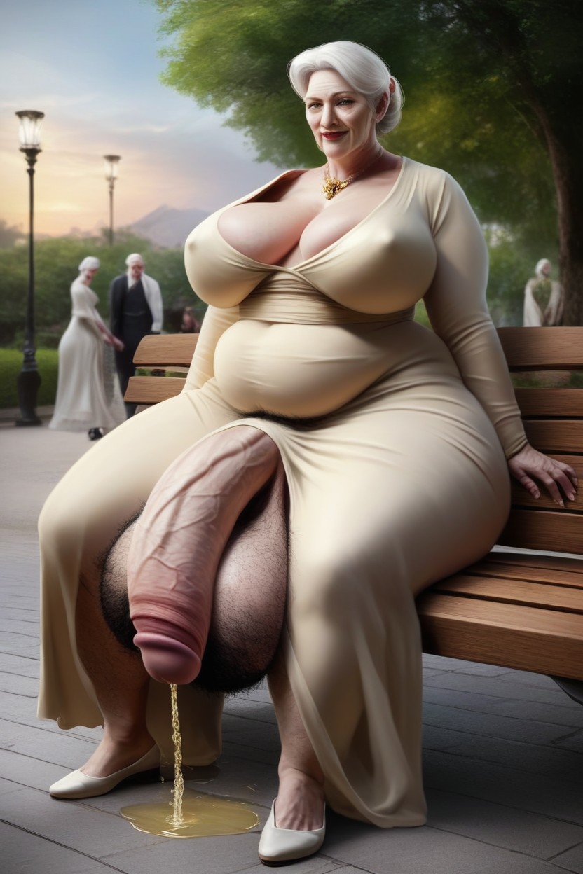 Futanari, Arms Resting On Bench Back, Huge Bulge Long Penis AI Porn