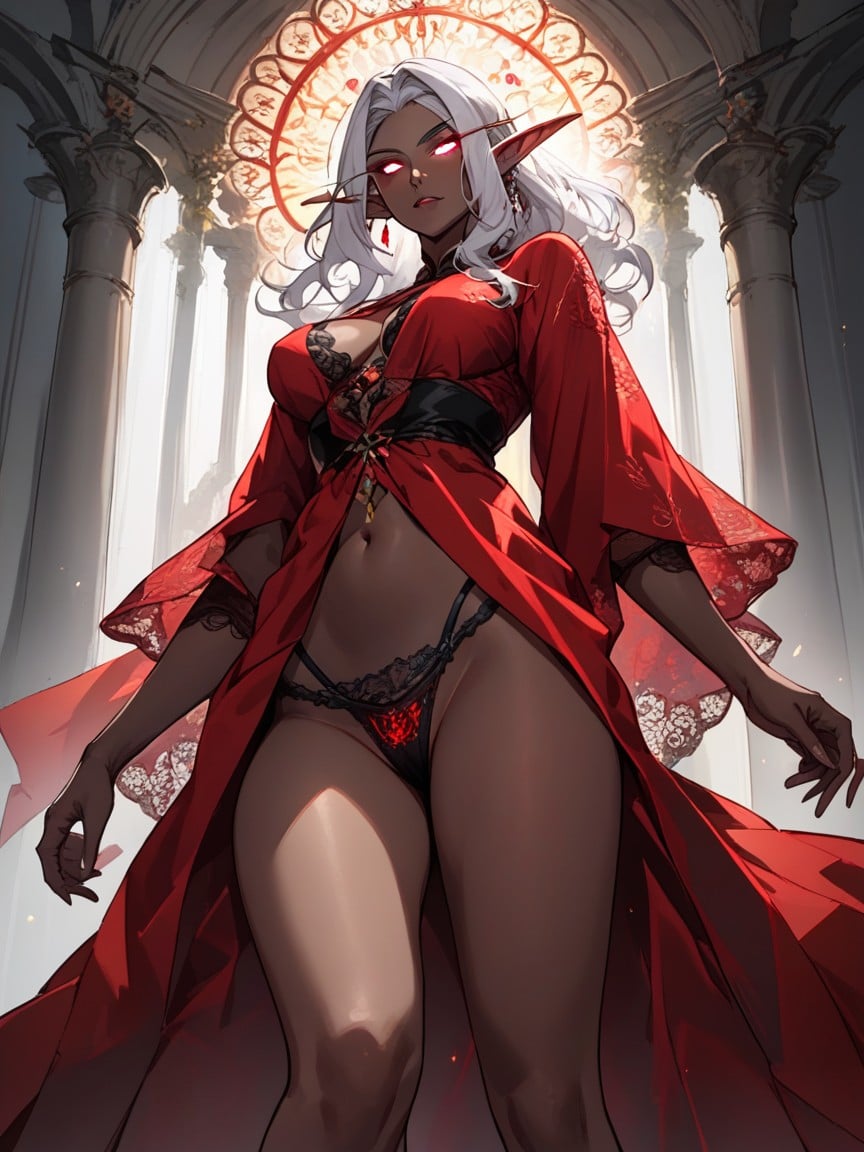 Medium Breast, Glowing Crimson Eyes Lace Robe, Red Robe Shemale AI Porn