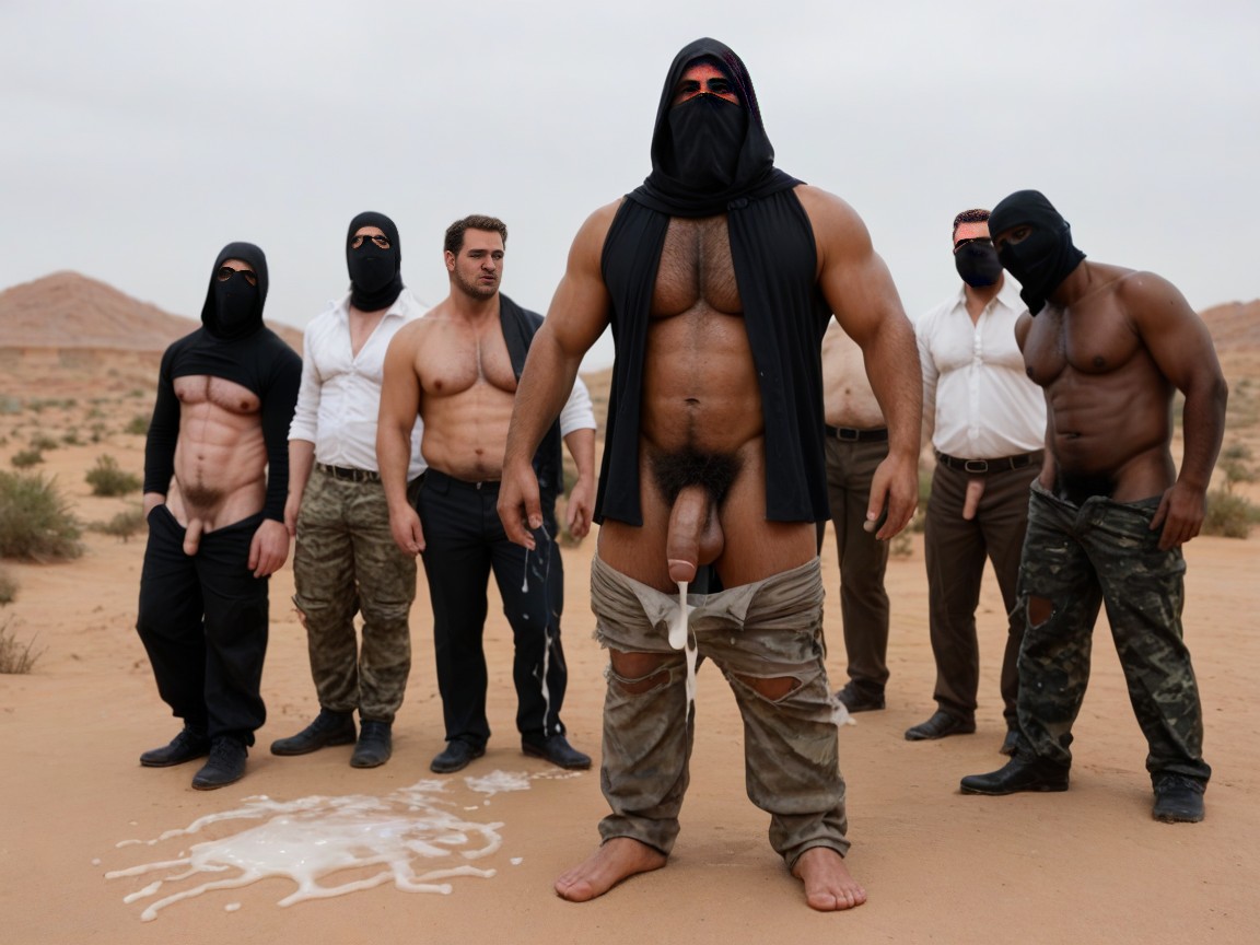 Camouflage, Black Hood, Many People Around AI Gay Porn