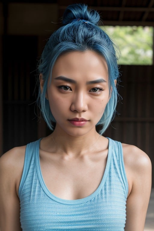 Hair Bun, Disgusted, Light Blue Hair Shemale AI Porn