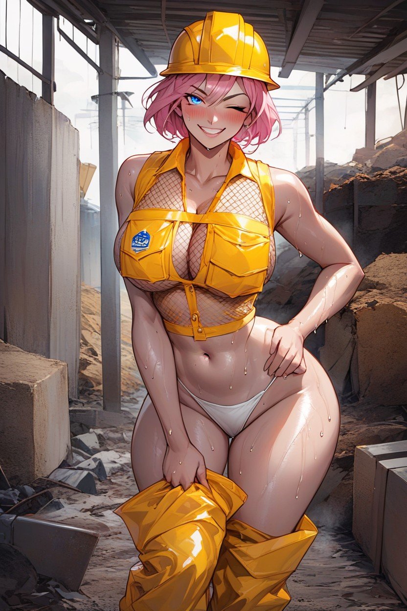 High Waist White Thong, Short Length, White Hard Hat Hentai AI Porn