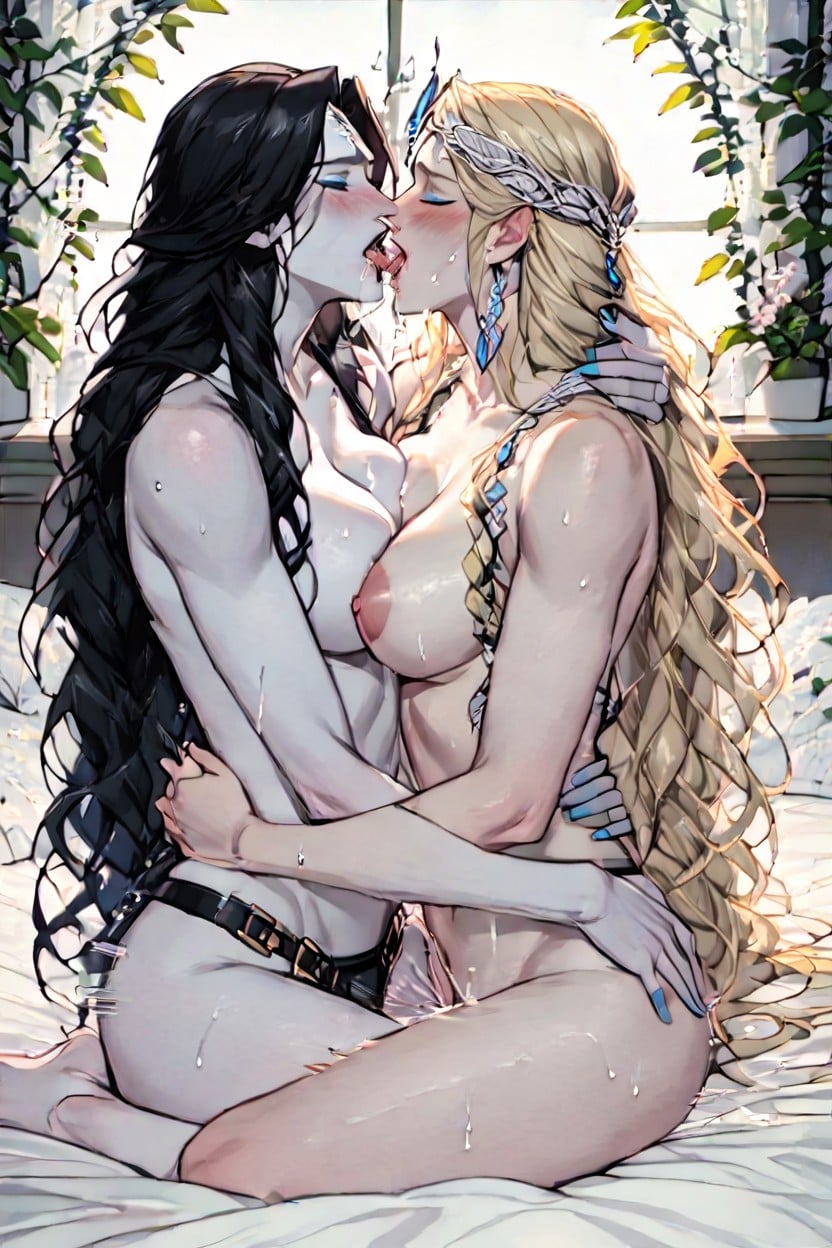 Galadriel And Arwen, Orgasm, Silver And Gold Filigree Strap On Harness AI Porn
