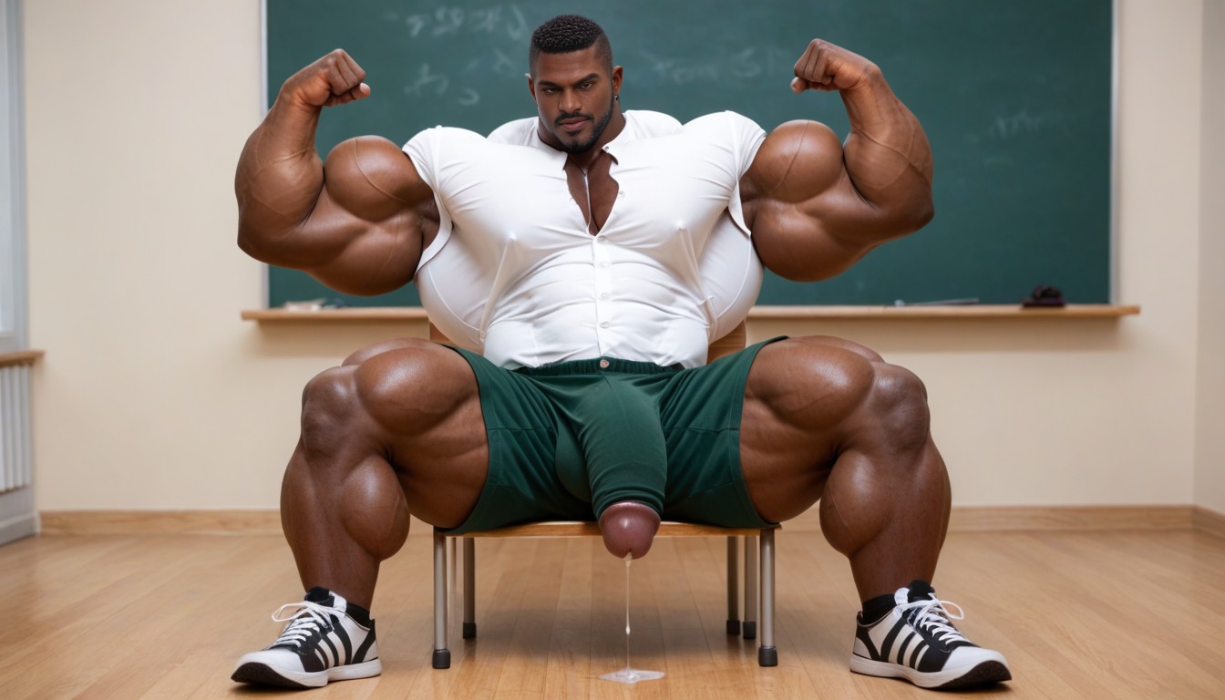 Flexing Gigantic Biceps, Dark Green Shorts, Bodybuilder AI Gay Porn