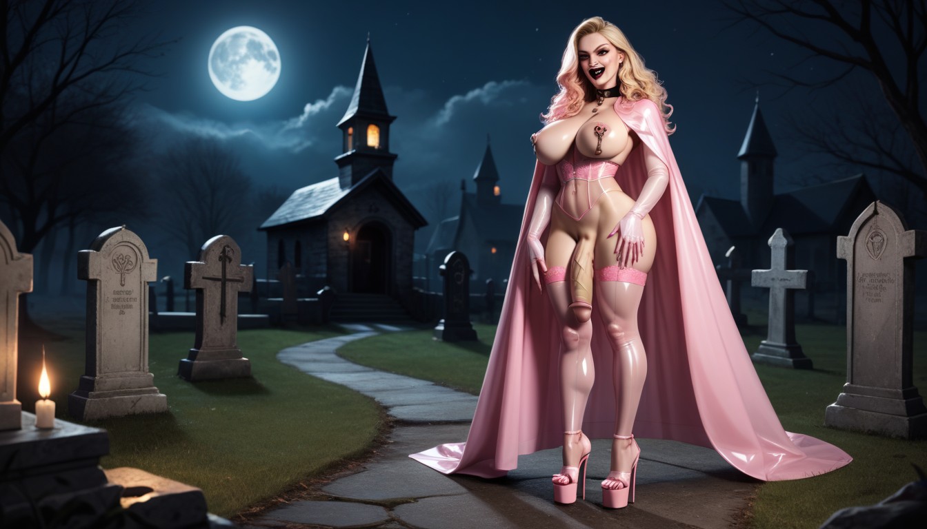 Graveyard, Thick Pink Leather Collar, Curly Shemale AI Porn