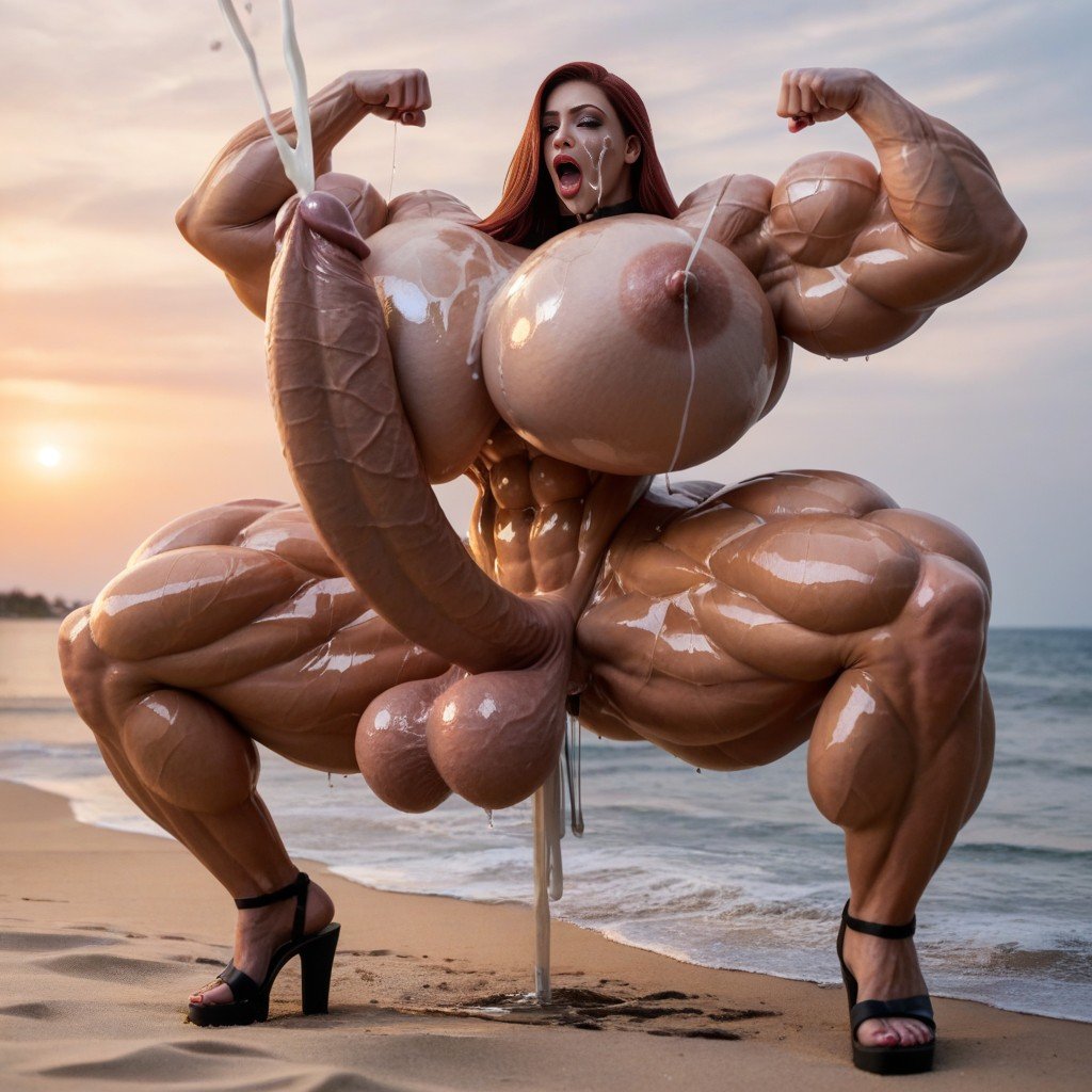 Beautiful Shapely Legs, Jacked Striated Muscle, Sunset Shemale AI Porn