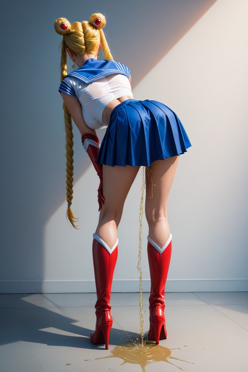 Nylon White Shirt, Sailor Moon, Blonde Hair Braided Ponytails Shemale AI Porn