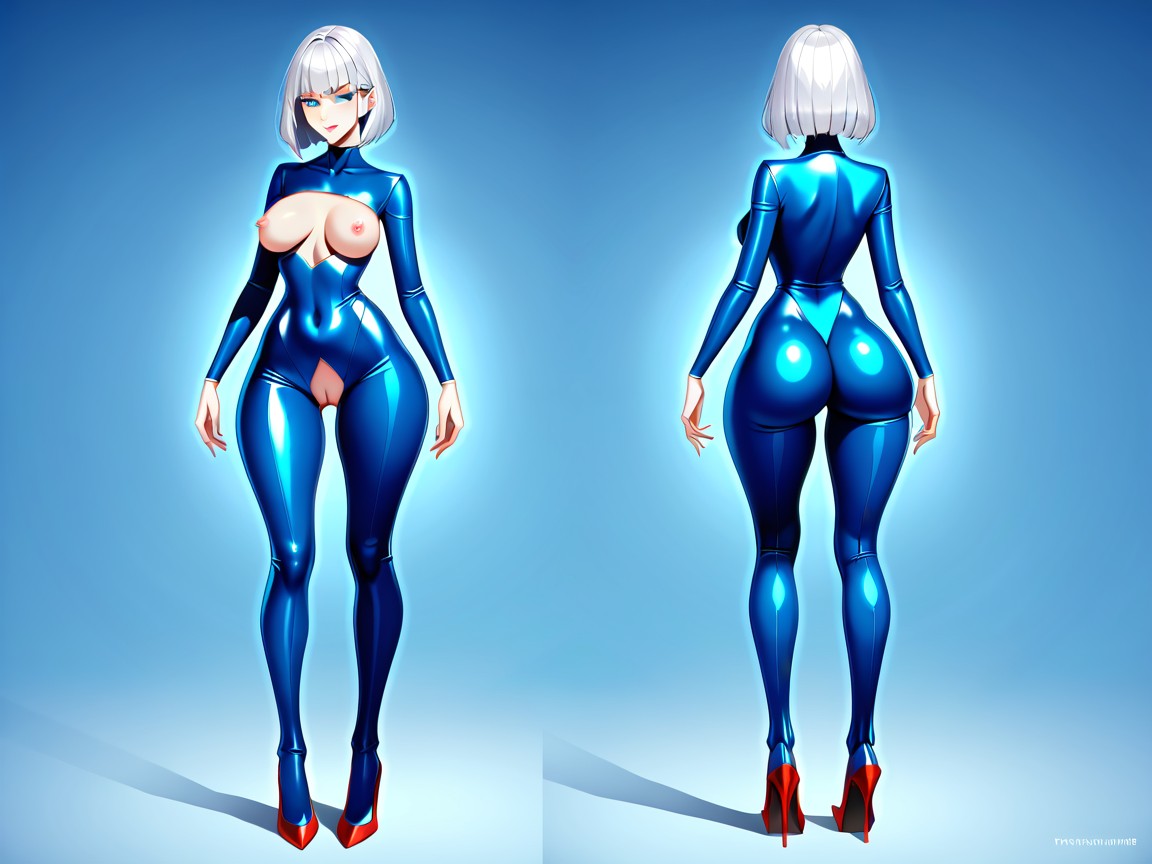 Cute, Crotchless Gold Latex Bodysuit, Glossy Latex Suit Hentai AI Porn