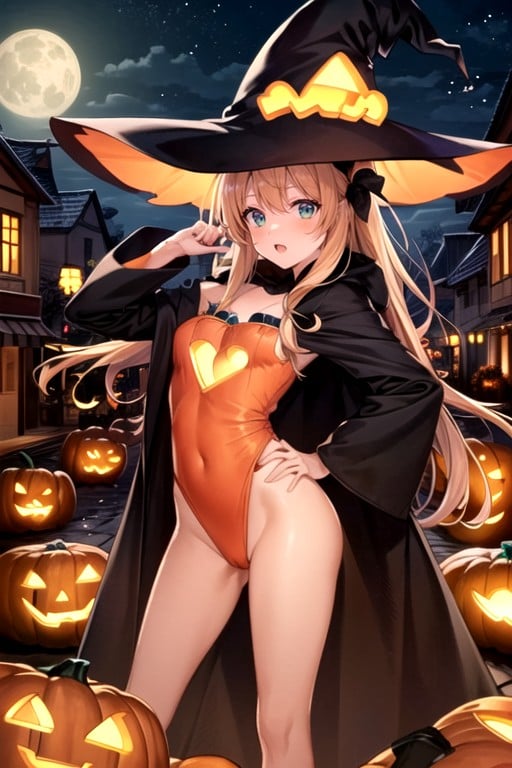 Witch Hat, Hands On Hips, Pumpkin Head Man Hentai AI Porn