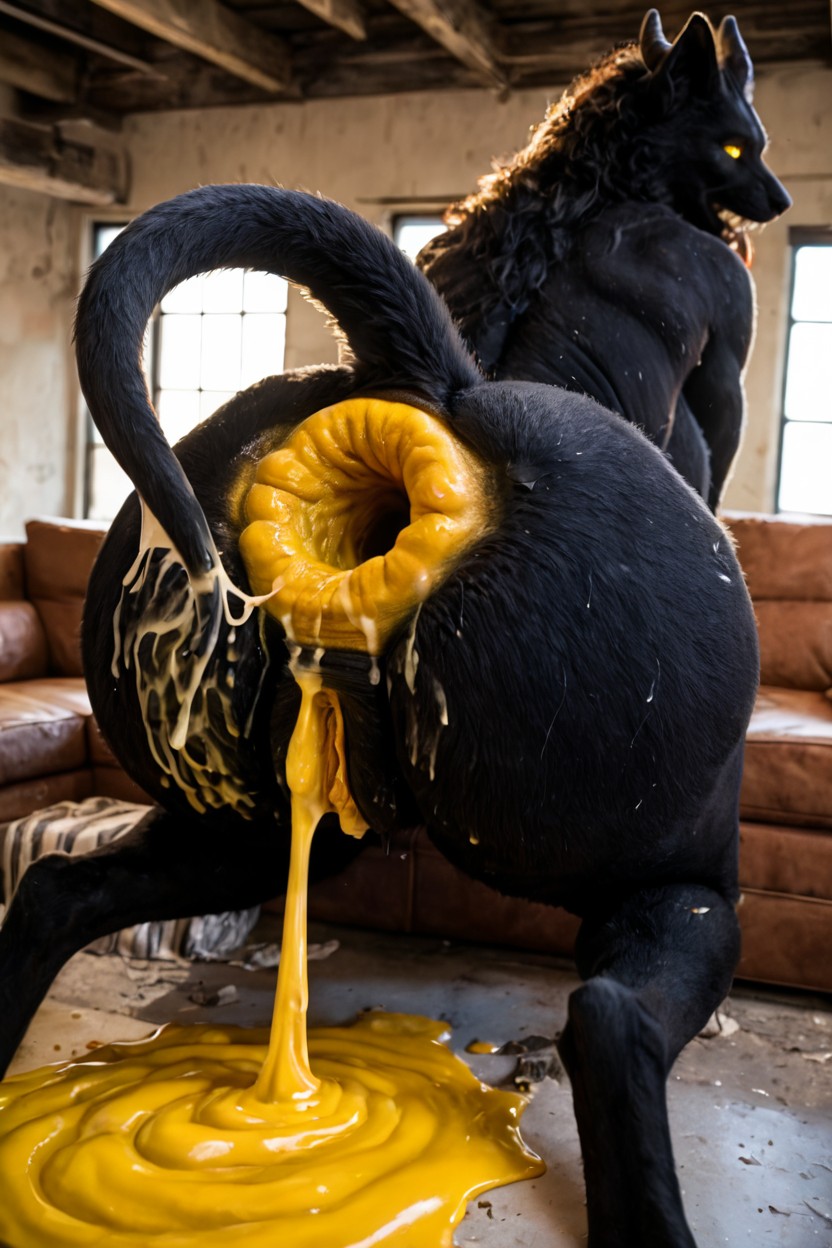 Hyper Enormous Anus, Black Claws Bright Pink Around Anus, Gushing Overflowing Yellow Fluid Flowing From Inside Anus AI Porn