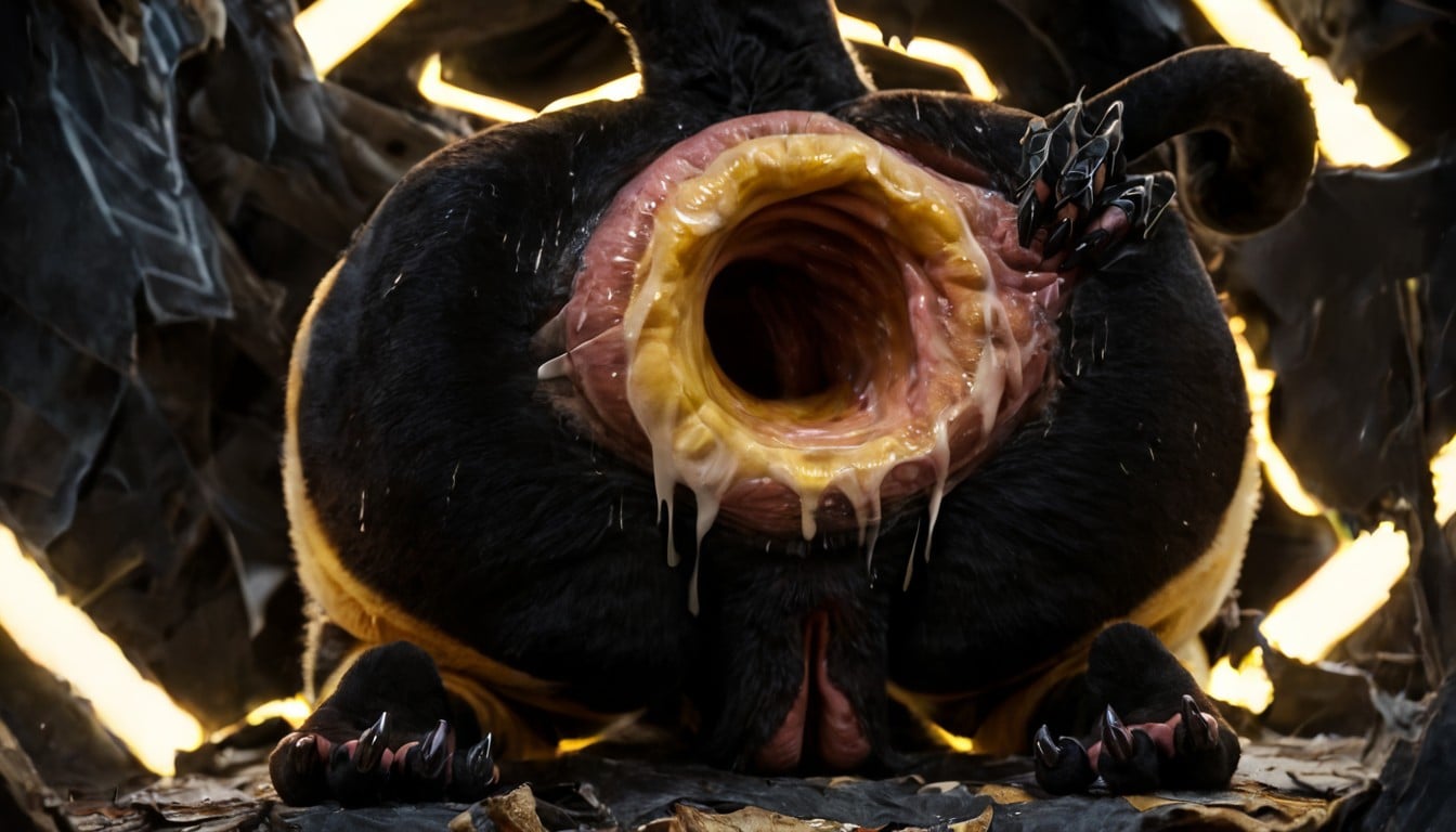 Extreme Detailed Glowing Ass Anus Loose Hole Fur, Black Claws Bright Tan Around Anus, Red Fur AI Porn