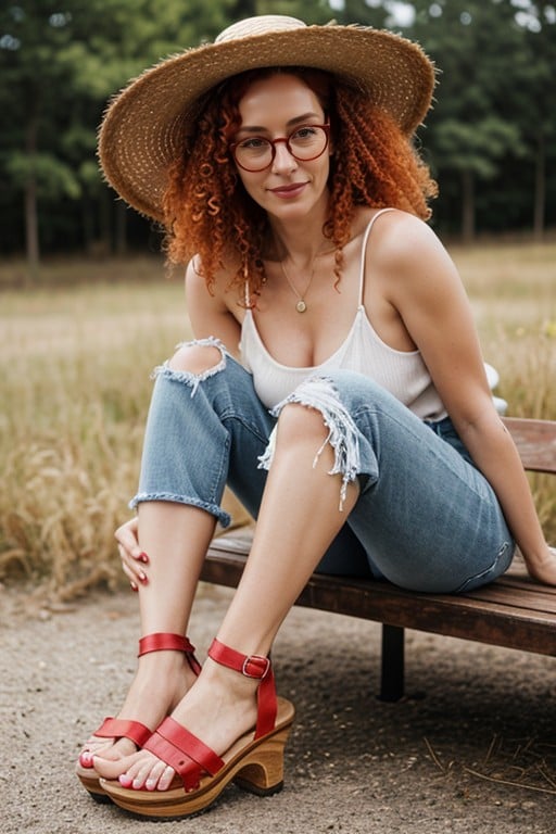 Toe Job, Red Curly Hair, Big Glasses Shemale AI Porn